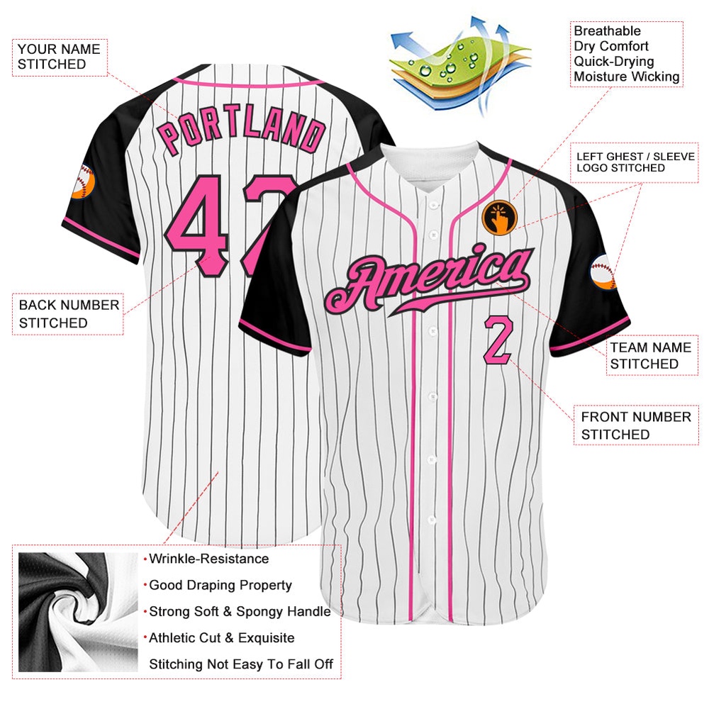 White Black Pinstripe Pink-Black Authentic Raglan Sleeves Baseball Jersey, Custom Baseball Jersey, Personalized Sport Jersey