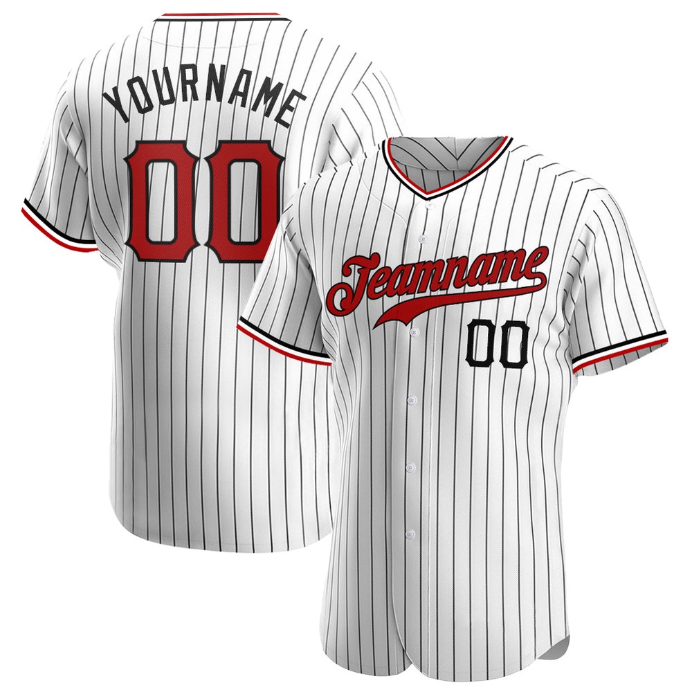 White Black Pinstripe Red-Black Authentic Baseball Jersey, Custom Baseball Jersey, Personalized Sport Jersey