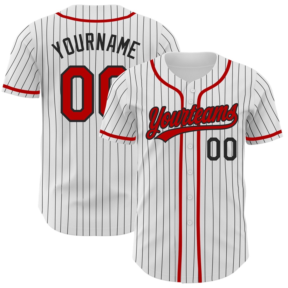 White Black Pinstripe Red Authentic Baseball Jersey, Custom Baseball Jersey, Personalized Sport Jersey