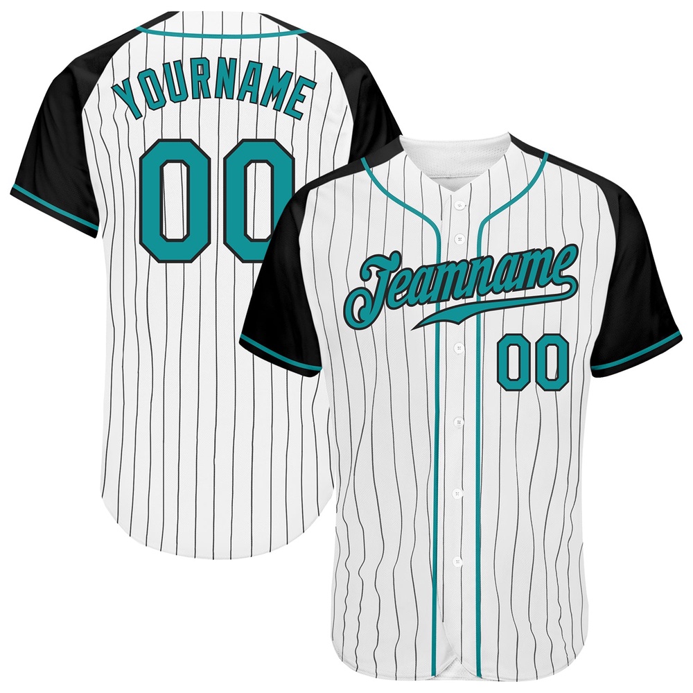 White Black Pinstripe Teal-Black Authentic Raglan Sleeves Baseball Jersey, Custom Baseball Jersey, Personalized Sport Jersey