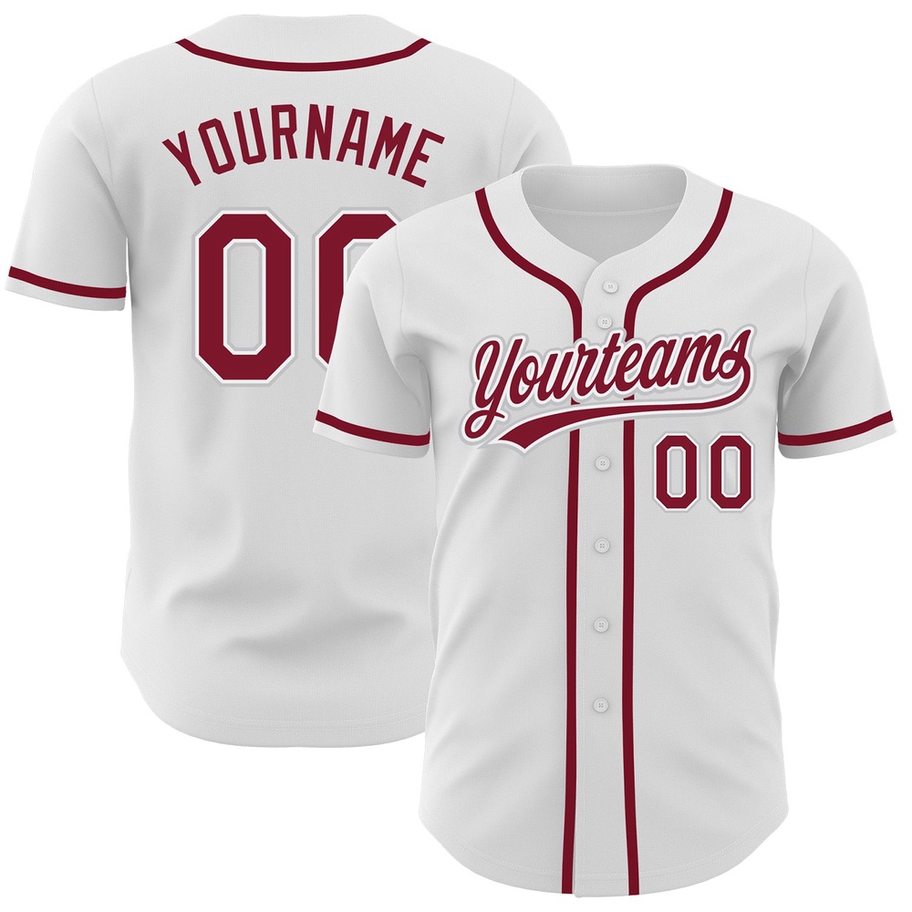 White Crimson-Gray Authentic Baseball Jersey, Custom Baseball Jersey, Personalized Sport Jersey