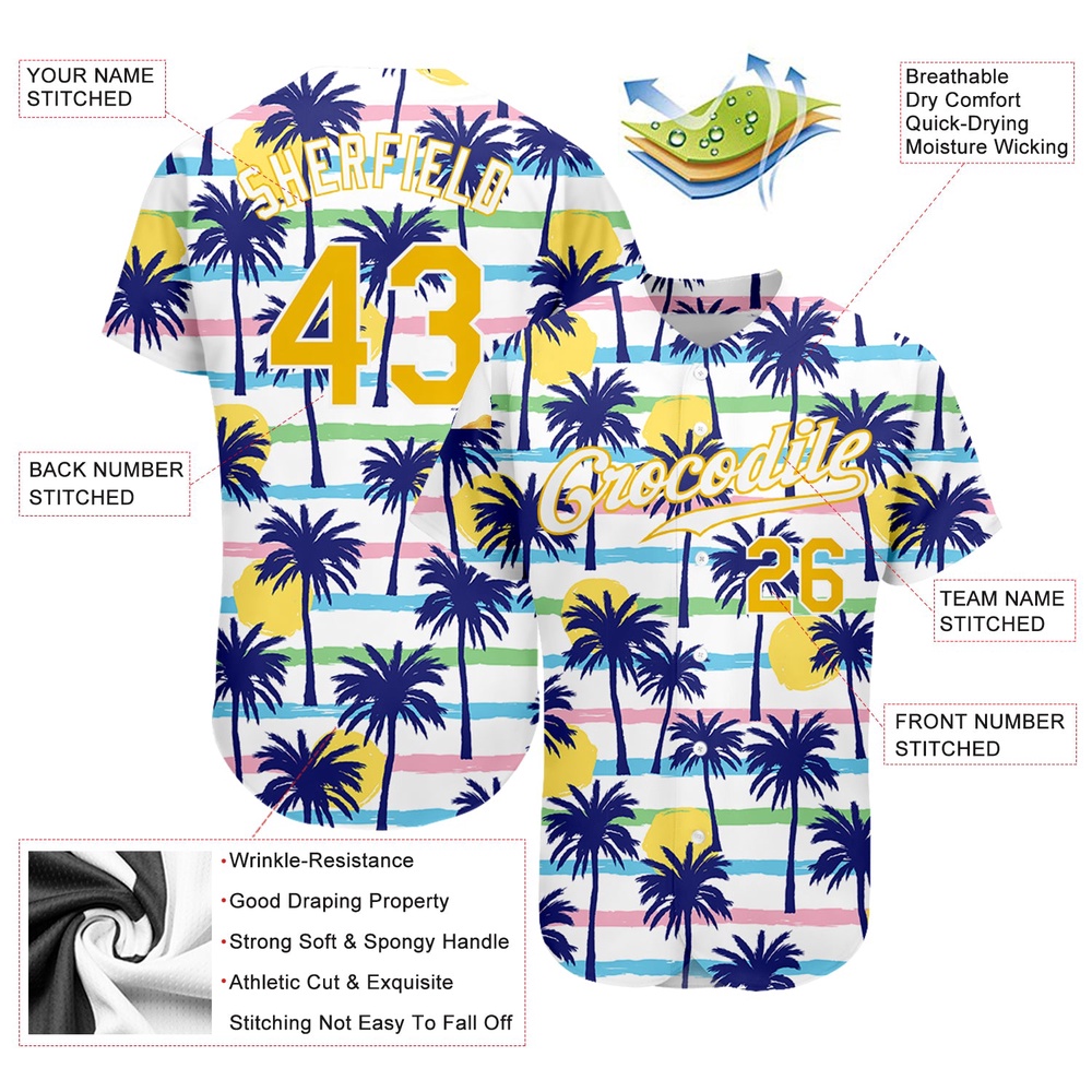 White Gold-White 3D Pattern Design Hawaii Palm Trees Authentic Baseball Jersey, Custom Baseball Jersey, Personalized Sport Jersey