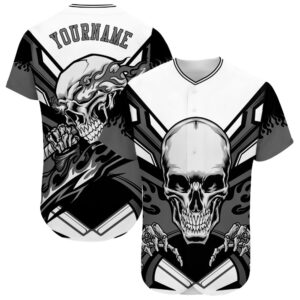 White Gray-Black 3D Skull Authentic Baseball Jersey,&hellip;