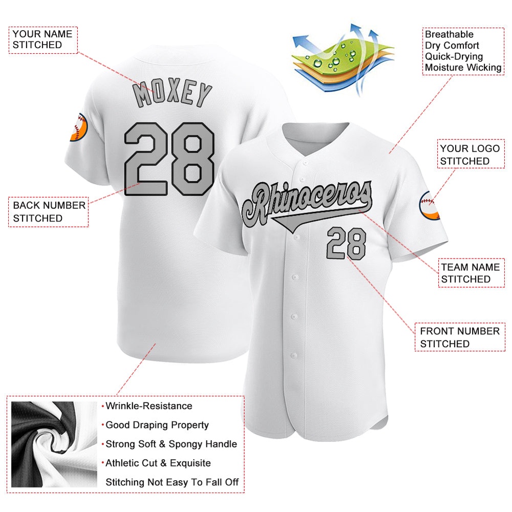 White Gray-Black Authentic Baseball Jersey, Custom Baseball Jersey, Personalized Sport Jersey