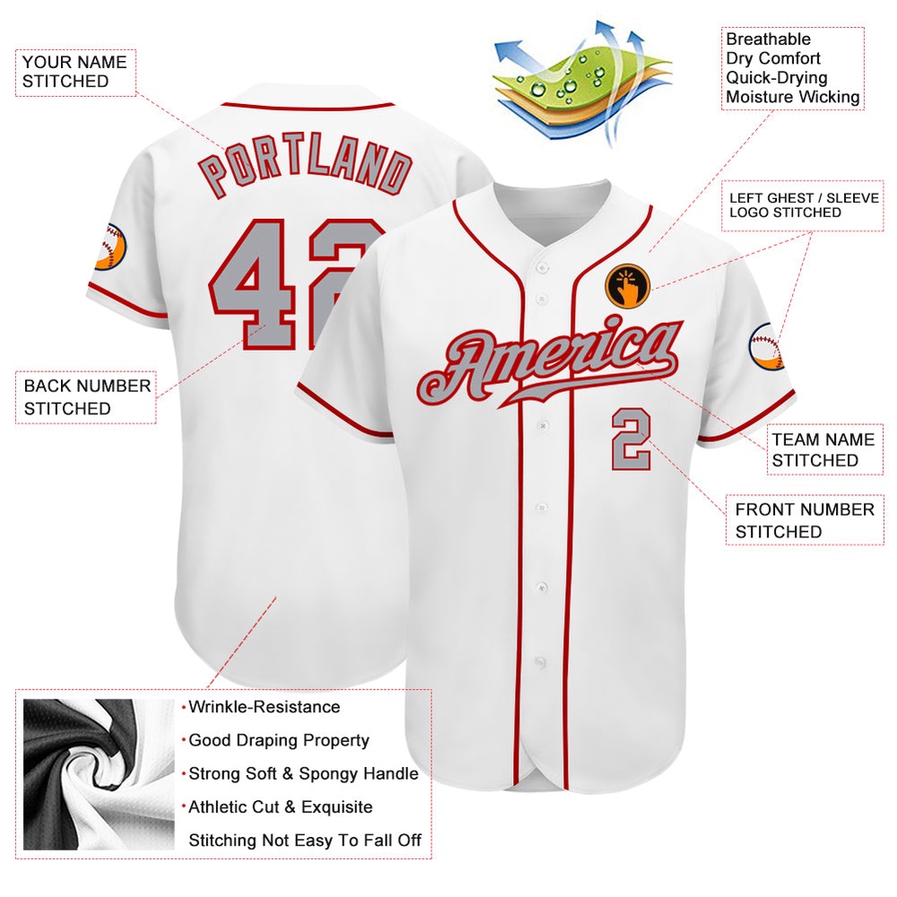 White Gray-Red Authentic Baseball Jersey, Custom Baseball Jersey, Personalized Sport Jersey