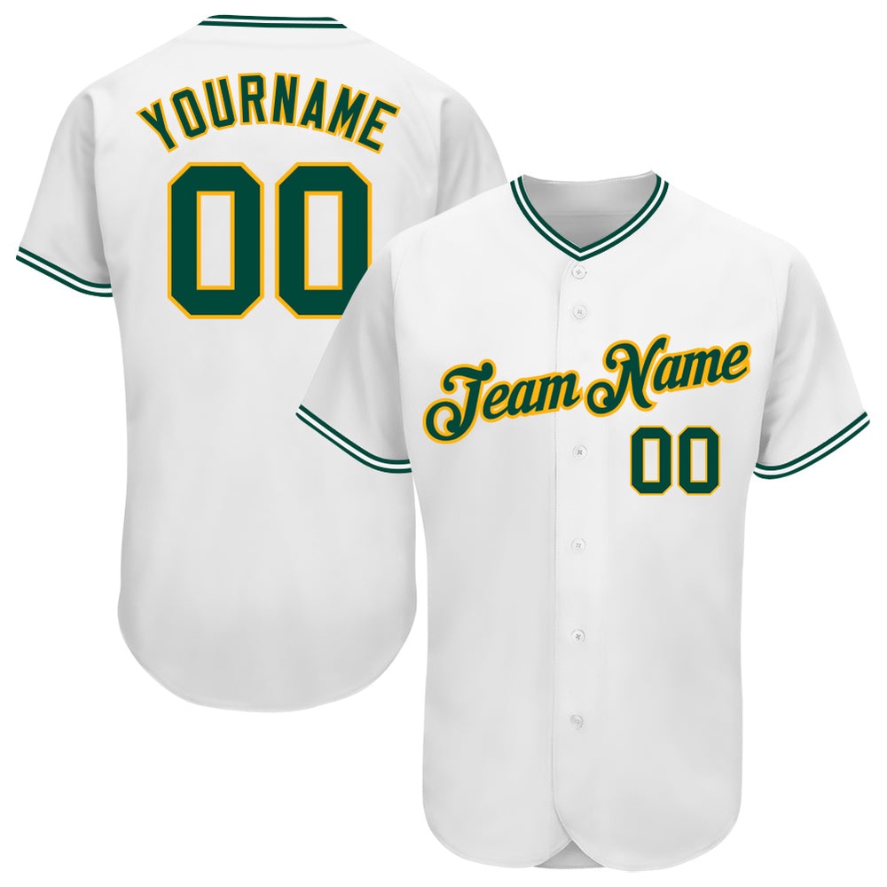 White Green-Gold Authentic Baseball Jersey, Custom Baseball Jersey, Personalized Sport Jersey