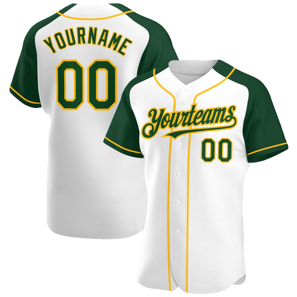 White Green-Gold Authentic Raglan Sleeves Baseball Jersey, Custom Baseball Jersey, Personalized Sport Jersey