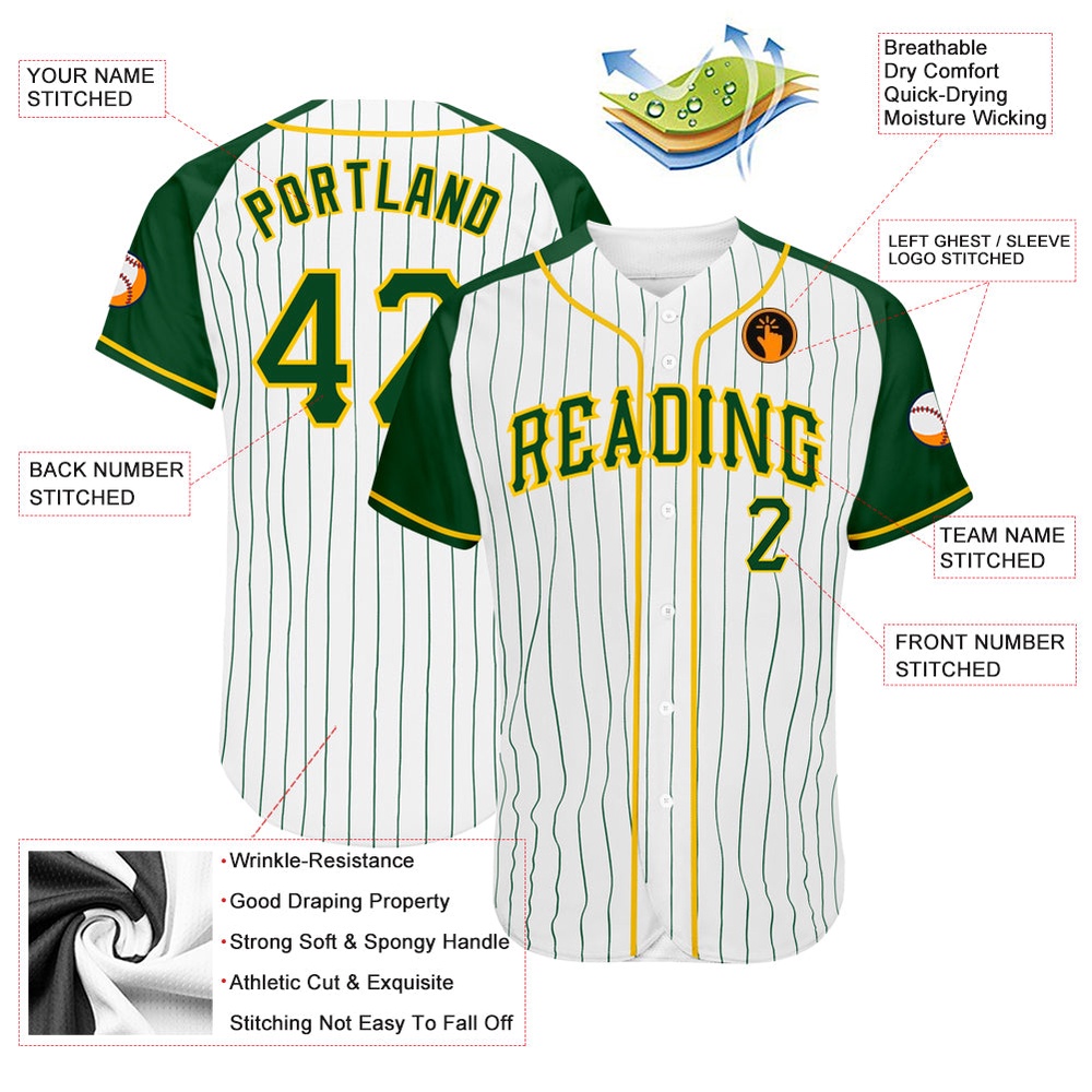 White Green Pinstripe Green-Gold Authentic Raglan Sleeves Baseball Jersey, Custom Baseball Jersey, Personalized Sport Jersey