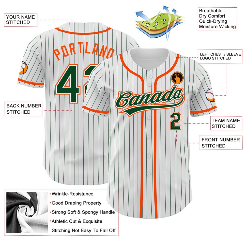 White Green Pinstripe Green-Orange Authentic Baseball Jersey, Custom Baseball Jersey, Personalized Sport Jersey