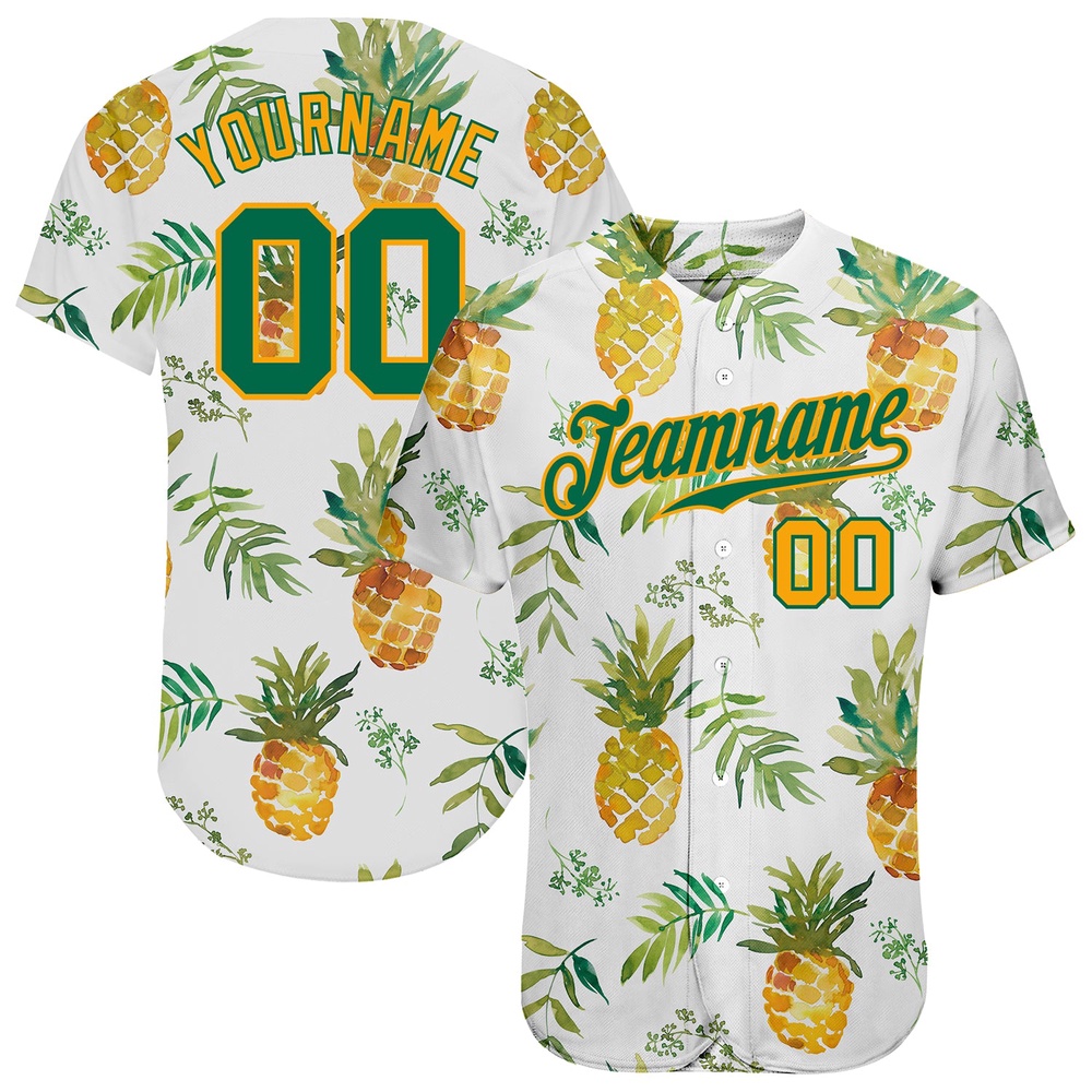 White Kelly Green-Gold 3D Pattern Design Hawaii Pineapples Authentic Baseball Jersey, Custom Baseball Jersey, Personalized Sport Jersey