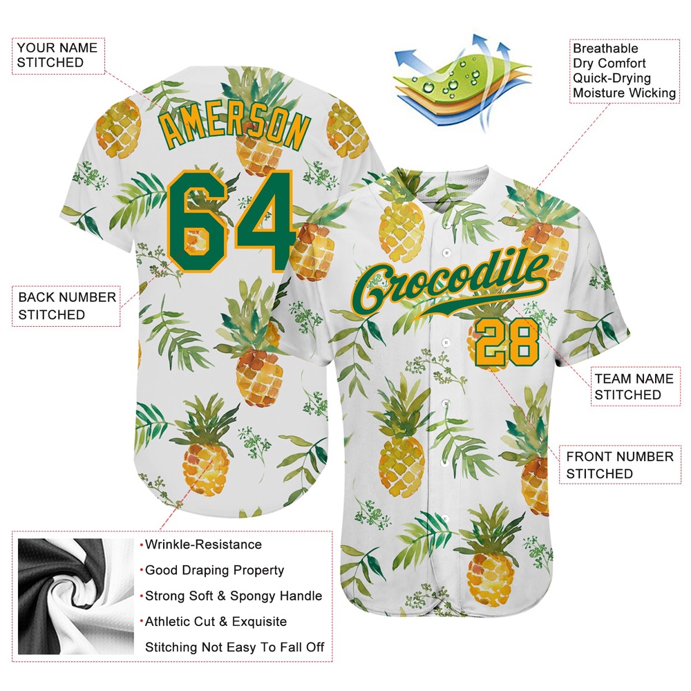 White Kelly Green-Gold 3D Pattern Design Hawaii Pineapples Authentic Baseball Jersey, Custom Baseball Jersey, Personalized Sport Jersey