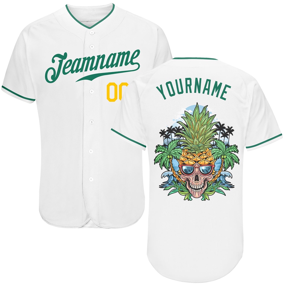 White Kelly Green-Gold Authentic Skull Pineapple Head Baseball Jersey, Custom Baseball Jersey, Personalized Sport Jersey