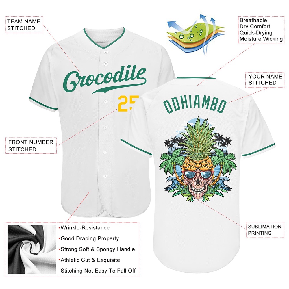 White Kelly Green-Gold Authentic Skull Pineapple Head Baseball Jersey, Custom Baseball Jersey, Personalized Sport Jersey