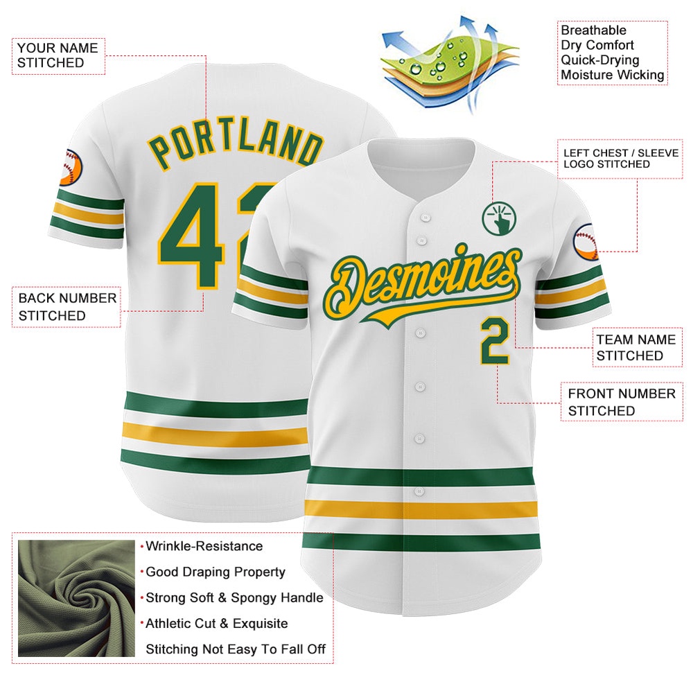 White Kelly Green-Gold Line Authentic Baseball Jersey, Custom Baseball Jersey, Personalized Sport Jersey