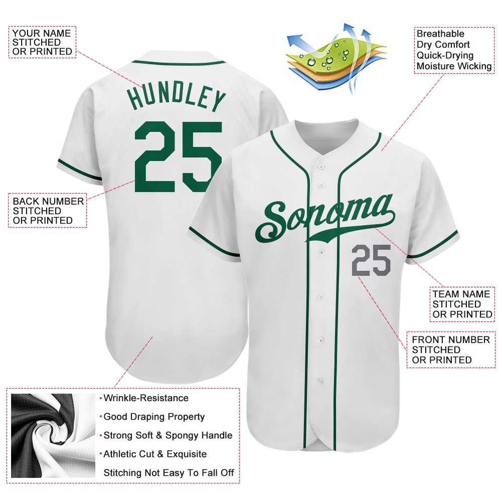 White Kelly Green-Light Gray Authentic Baseball Jersey, Custom Baseball Jersey, Personalized Sport Jersey
