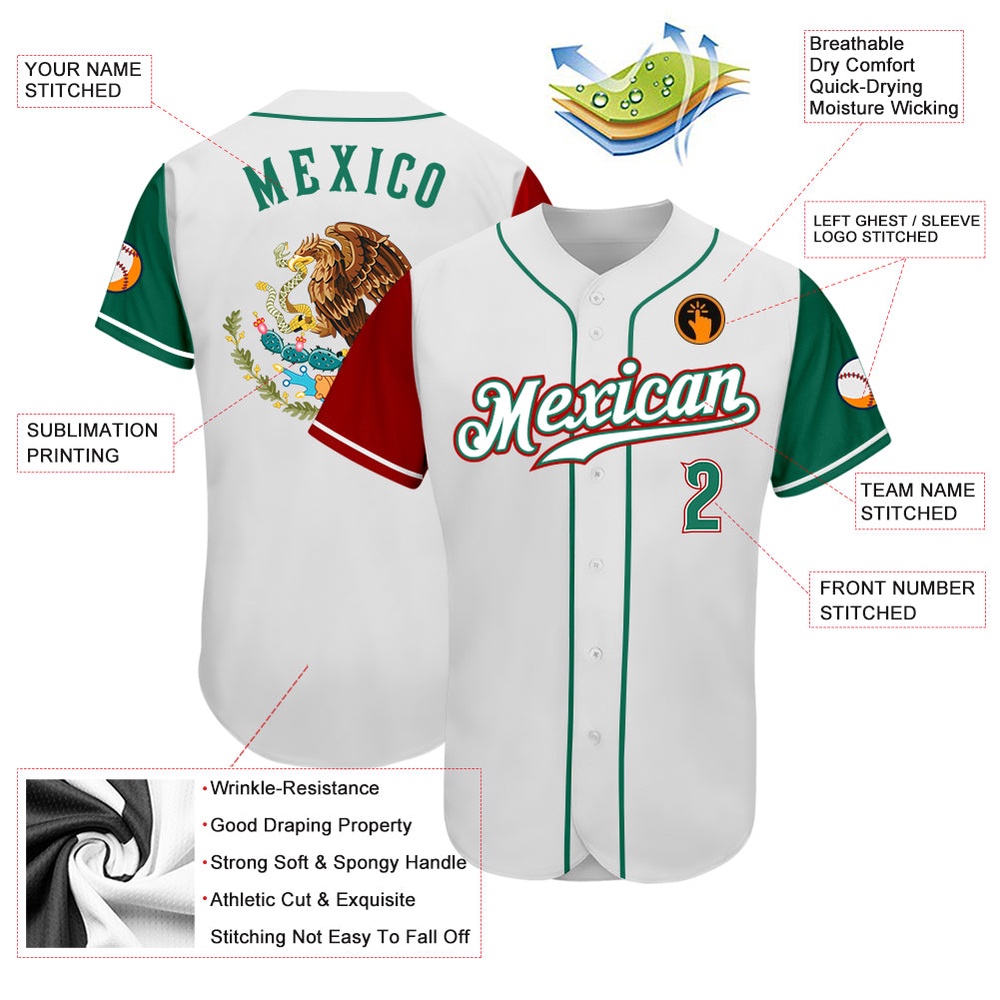 White Kelly Green-Red Authentic Mexico Two Tone Baseball Jersey, Custom Baseball Jersey, Personalized Sport Jersey