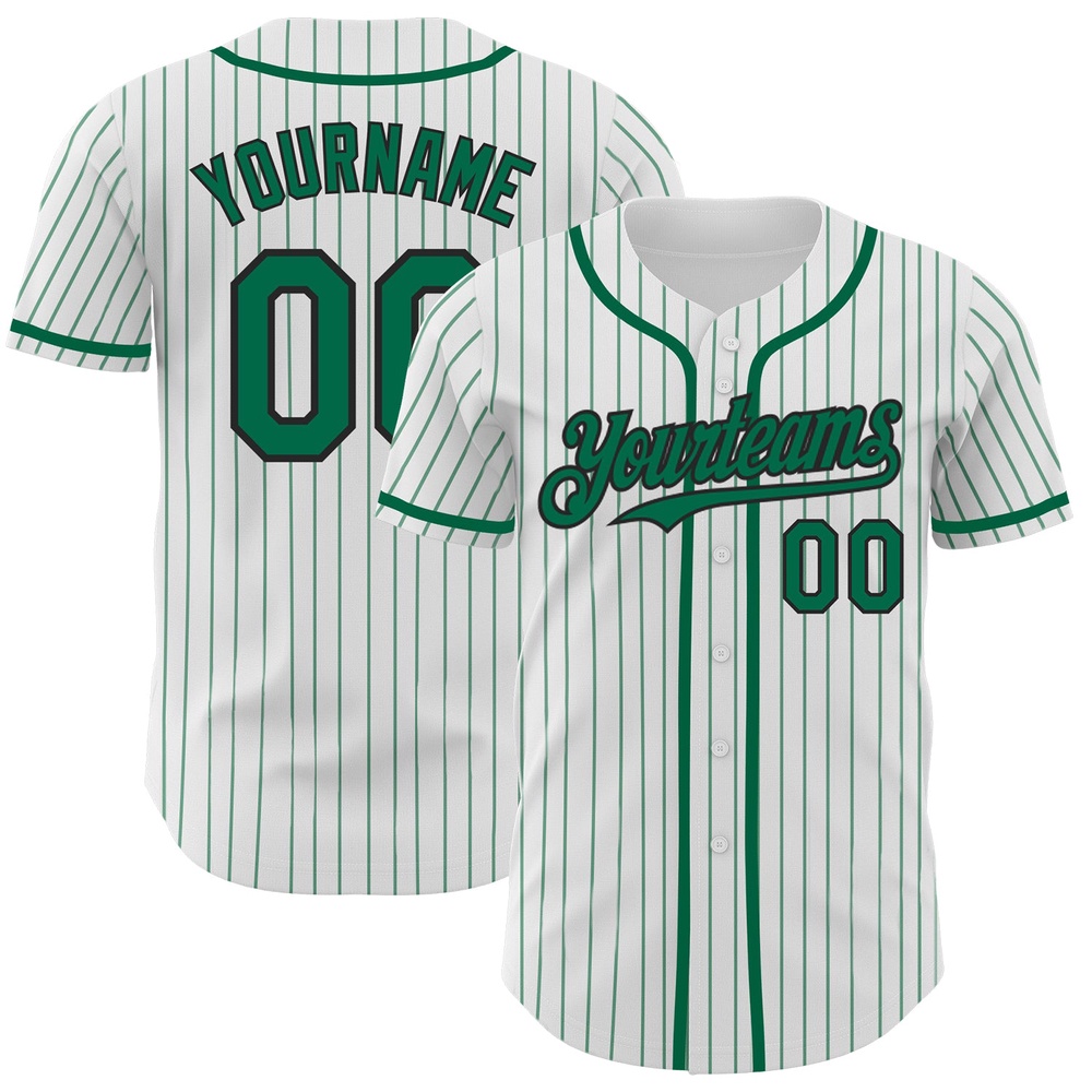 White Kelly Green Pinstripe Black Authentic Baseball Jersey, Custom Baseball Jersey, Personalized Sport Jersey