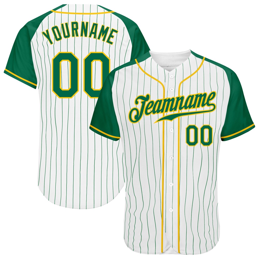White Kelly Green Pinstripe Kelly Green-Gold Authentic Raglan Sleeves Baseball Jersey, Custom Baseball Jersey, Personalized Sport Jersey