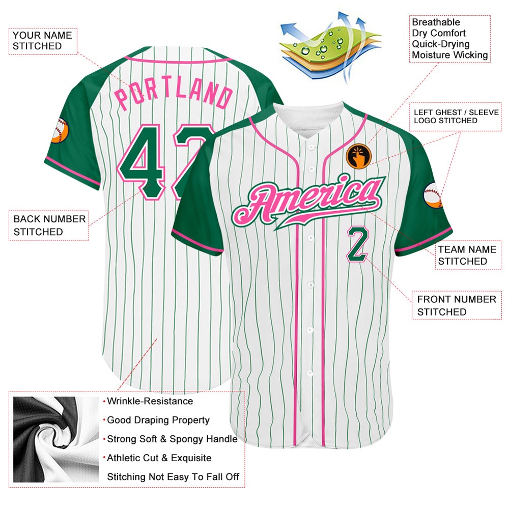 White Kelly Green Pinstripe Kelly Green-Pink Authentic Raglan Sleeves Baseball Jersey, Custom Baseball Jersey, Personalized Sport Jersey