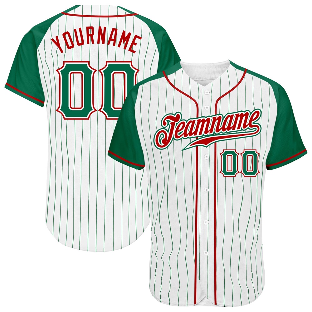 White Kelly Green Pinstripe Kelly Green-Red Authentic Raglan Sleeves Baseball Jersey, Custom Baseball Jersey, Personalized Sport Jersey