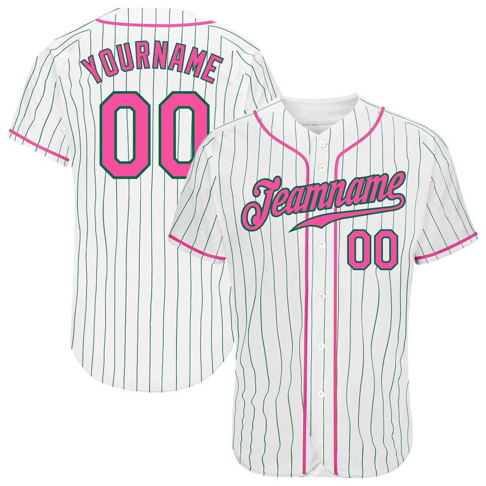 White Kelly Green Pinstripe Pink-Kelly Green Authentic Baseball Jersey, Custom Baseball Jersey, Personalized Sport Jersey