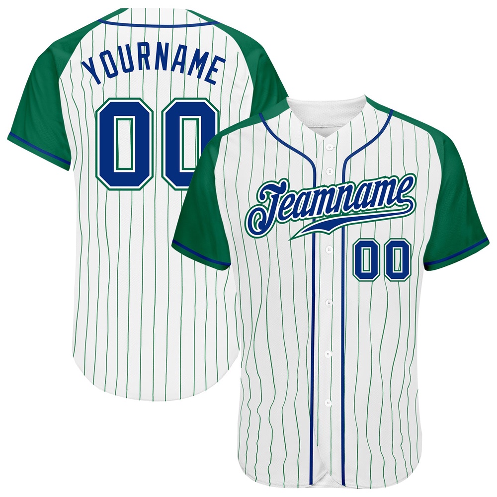 White Kelly Green Pinstripe Royal-Kelly Green Authentic Raglan Sleeves Baseball Jersey, Custom Baseball Jersey, Personalized Sport Jersey