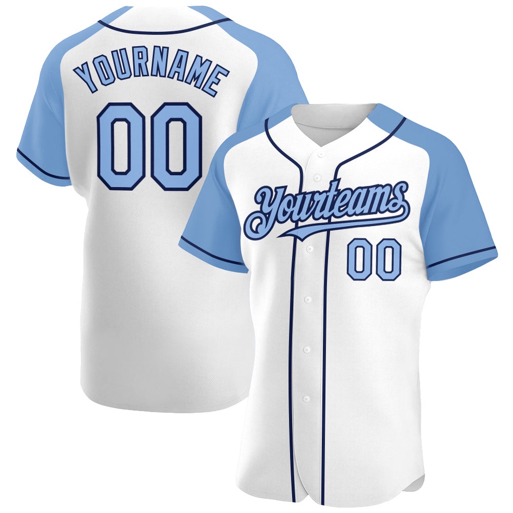 White Light Blue-Navy Authentic Raglan Sleeves Baseball Jersey, Custom Baseball Jersey, Personalized Sport Jersey