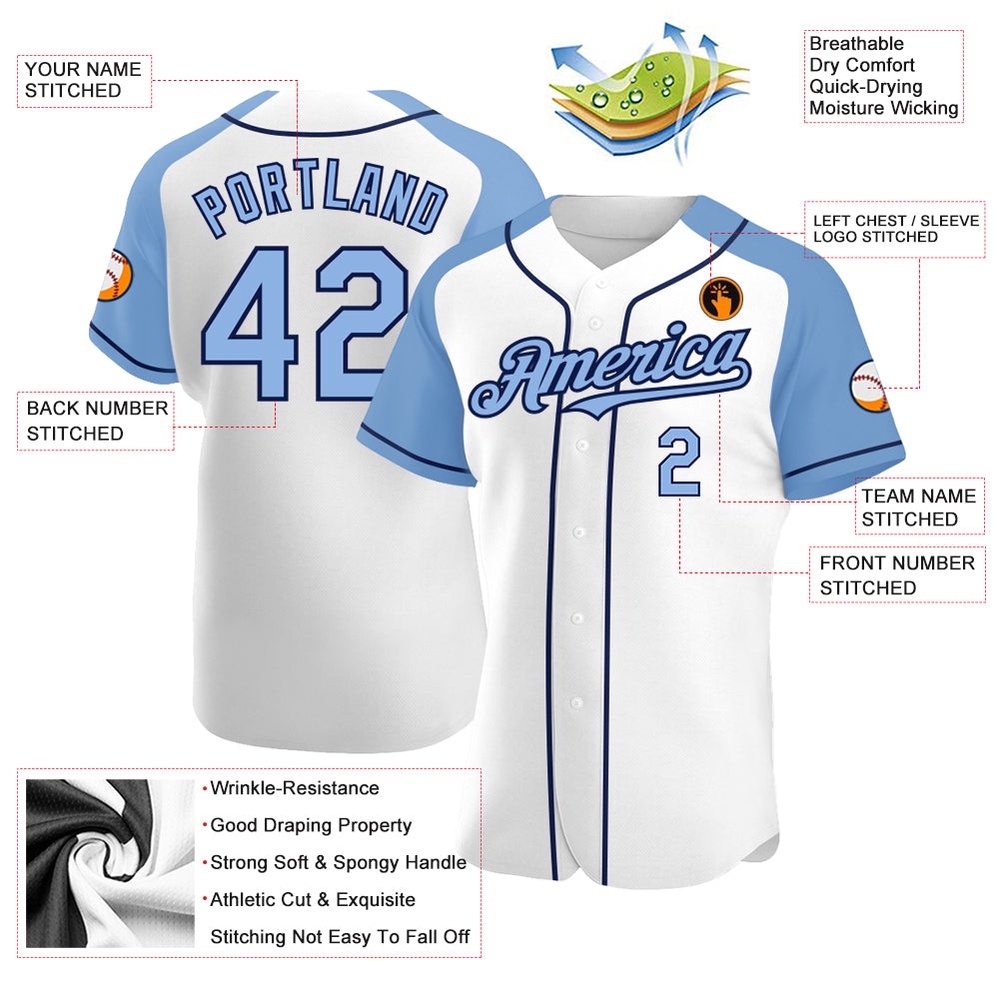 White Light Blue-Navy Authentic Raglan Sleeves Baseball Jersey, Custom Baseball Jersey, Personalized Sport Jersey