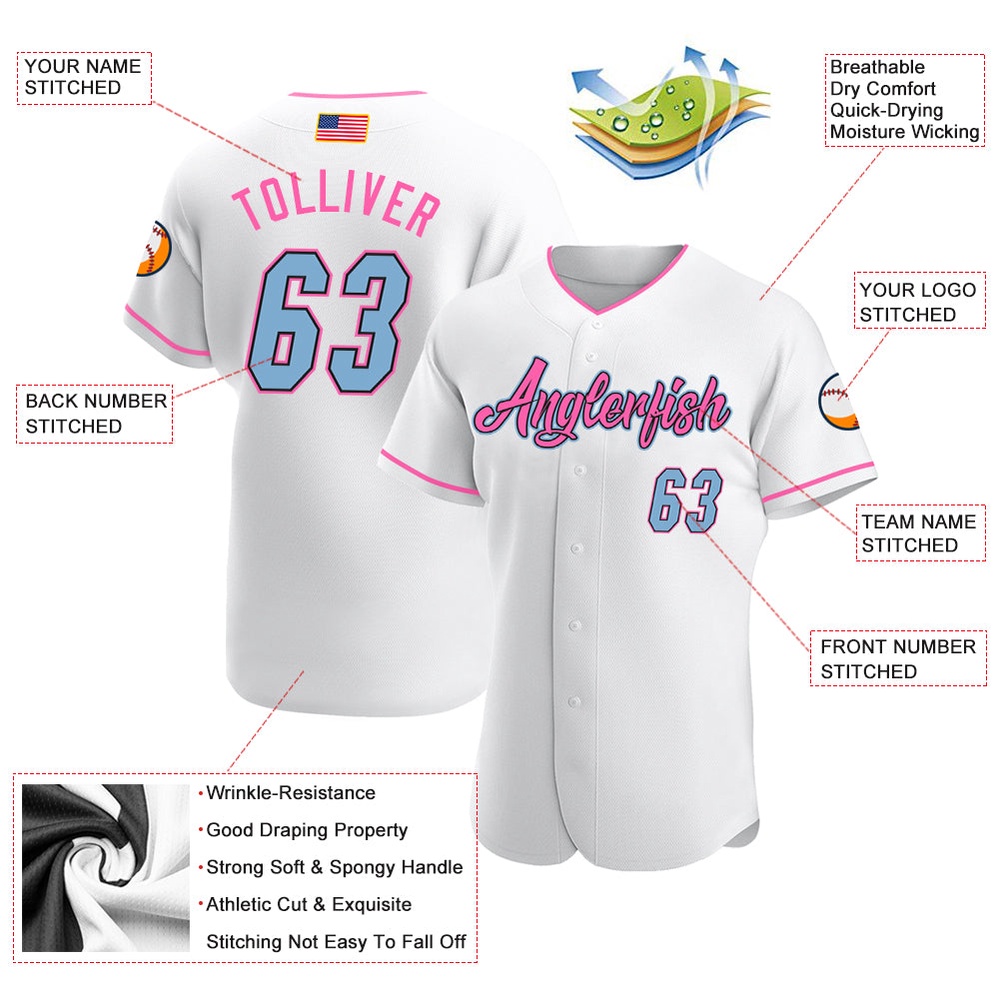 White Light Blue-Pink Authentic American Flag Fashion Baseball Jersey, Custom Baseball Jersey, Personalized Sport Jersey