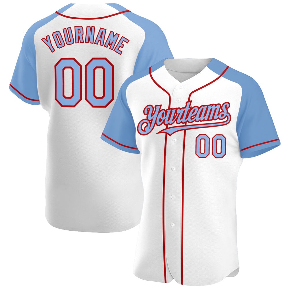 White Light Blue-Red Authentic Raglan Sleeves Baseball Jersey, Custom Baseball Jersey, Personalized Sport Jersey