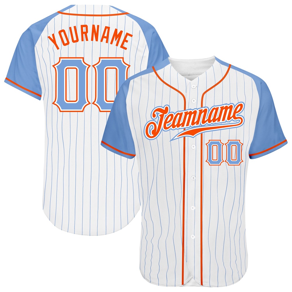 White Light Blue Pinstripe Light Blue-Orange Authentic Raglan Sleeves Baseball Jersey, Custom Baseball Jersey, Personalized Sport Jersey