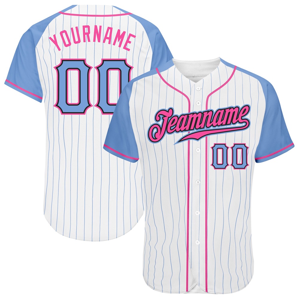 White Light Blue Pinstripe Light Blue-Pink Authentic Raglan Sleeves Baseball Jersey, Custom Baseball Jersey, Personalized Sport Jersey