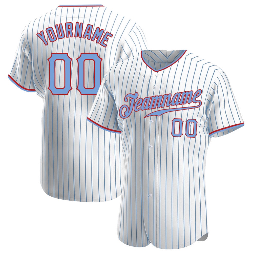 White Light Blue Pinstripe Light Blue-Red Authentic Baseball Jersey, Custom Baseball Jersey, Personalized Sport Jersey