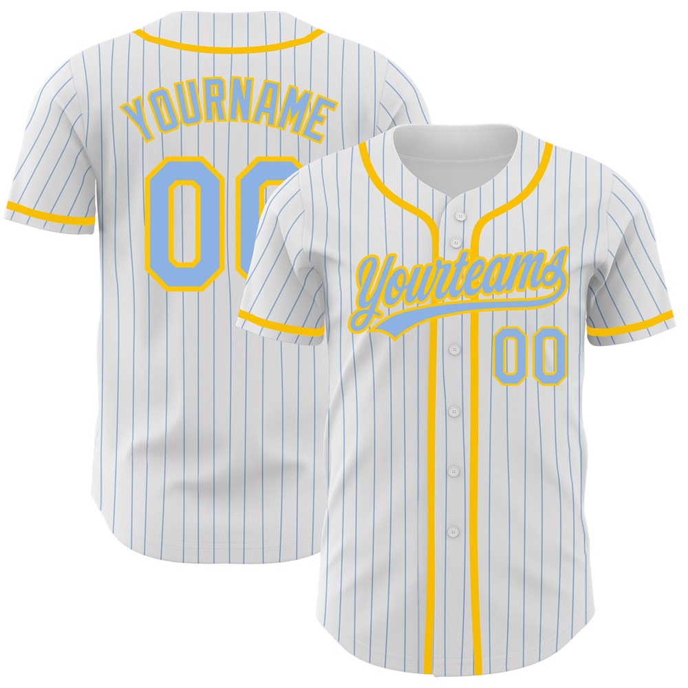 White Light Blue Pinstripe Light Blue-Yellow Authentic Baseball Jersey, Custom Baseball Jersey, Personalized Sport Jersey
