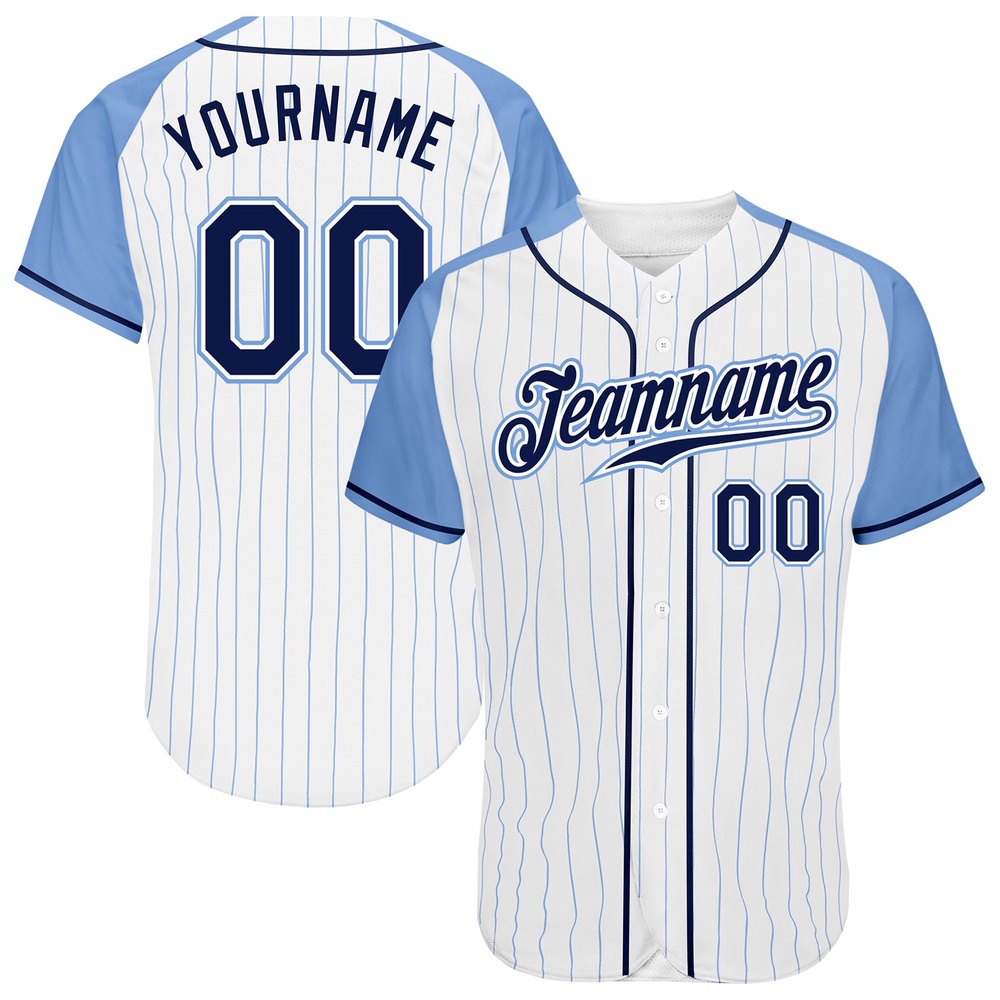 White Light Blue Pinstripe Navy-Light Blue Authentic Raglan Sleeves Baseball Jersey, Custom Baseball Jersey, Personalized Sport Jersey