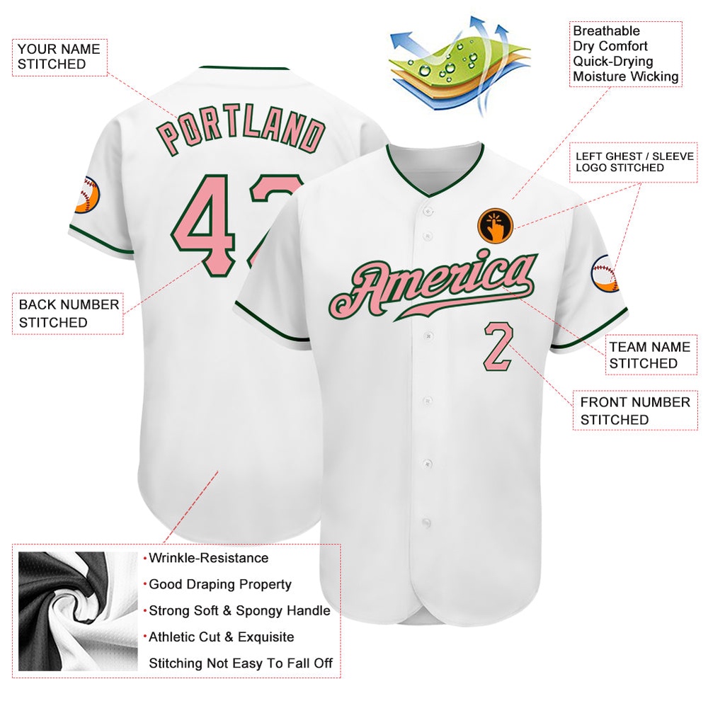 White Medium Pink-Green Authentic Baseball Jersey, Custom Baseball Jersey, Personalized Sport Jersey
