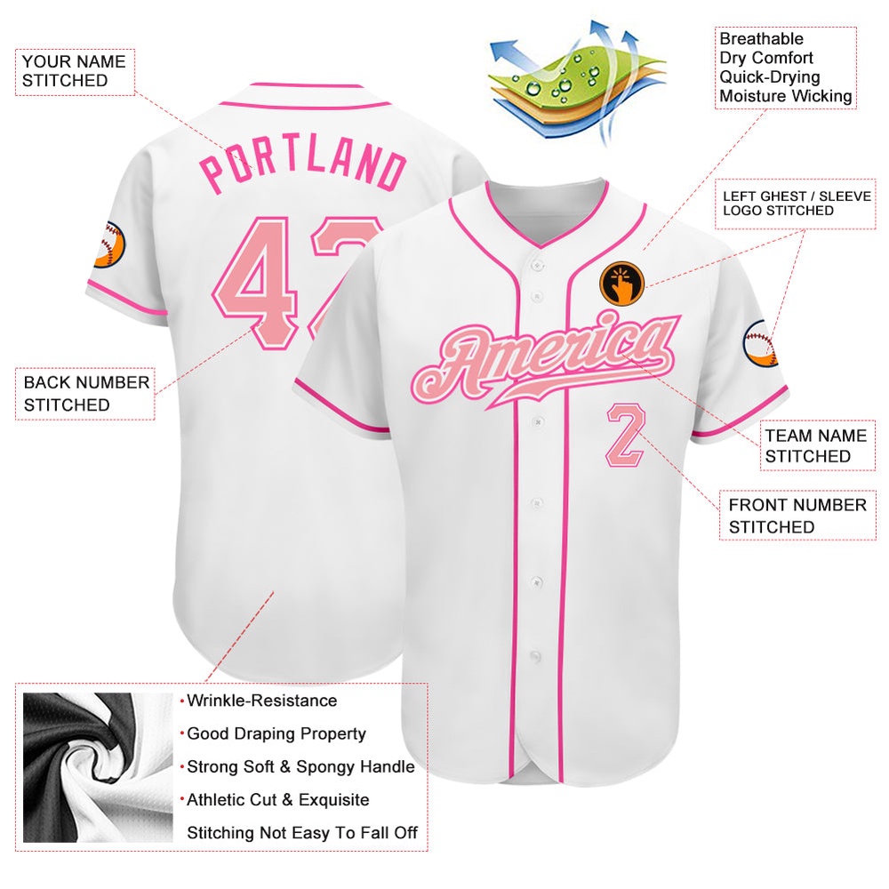 White Medium Pink-Pink Authentic Baseball Jersey, Custom Baseball Jersey, Personalized Sport Jersey