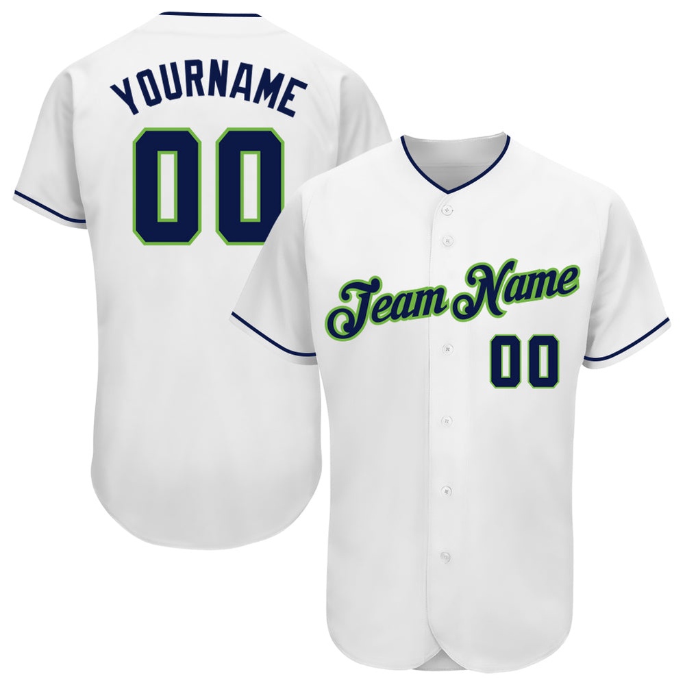 White Navy-Neon Green Authentic Baseball Jersey, Custom Baseball Jersey, Personalized Sport Jersey