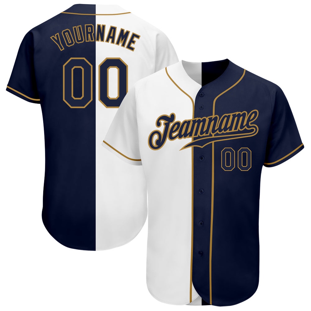 White Navy-Old Gold Authentic Split Fashion Baseball Jersey, Custom Baseball Jersey, Personalized Sport Jersey
