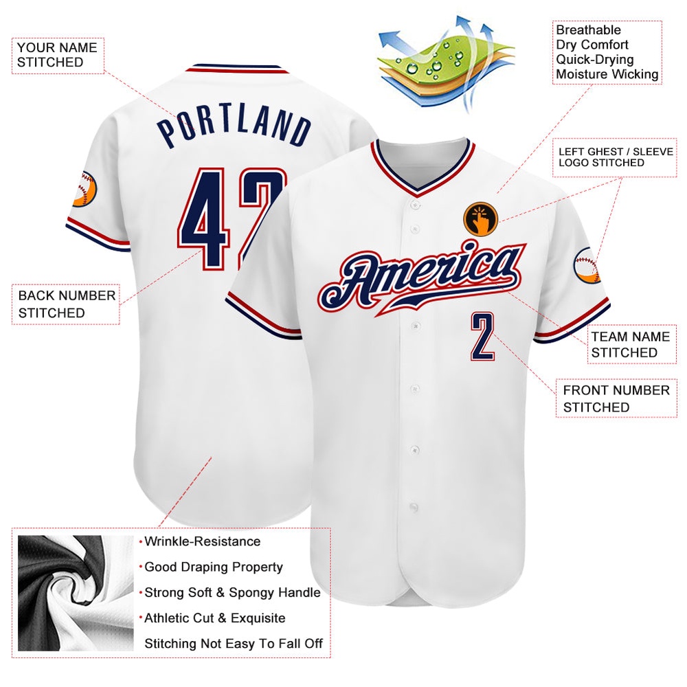 White Navy-Red Authentic Baseball Jersey, Custom Baseball Jersey, Personalized Sport Jersey
