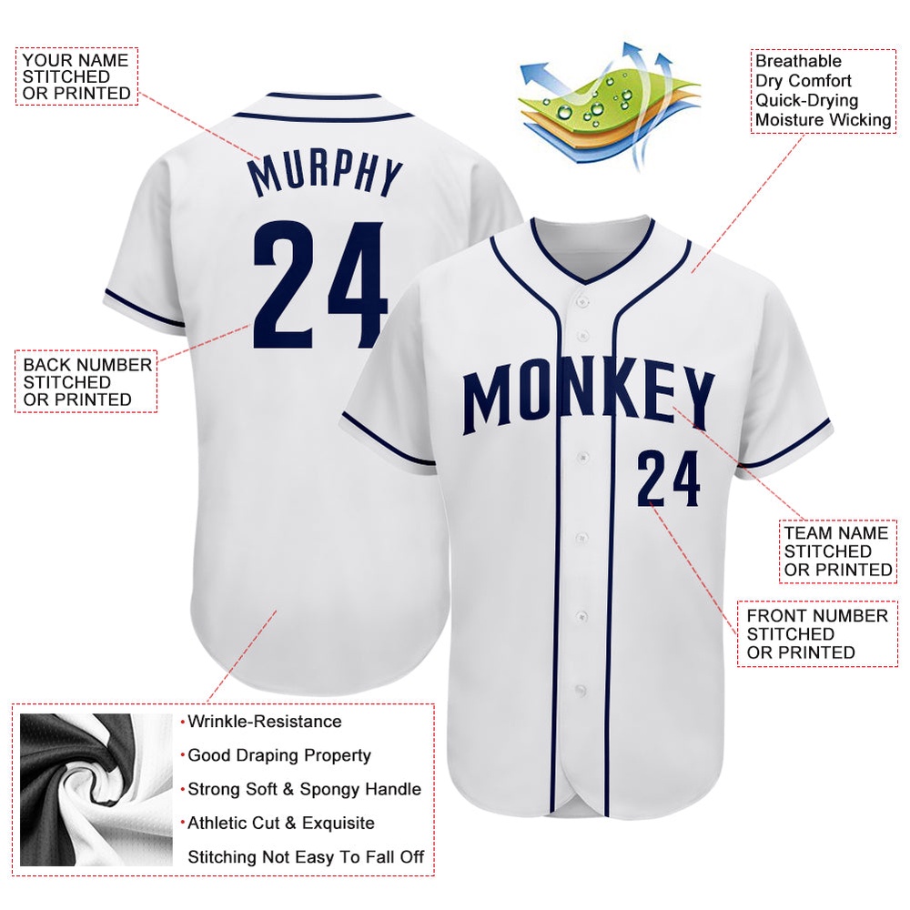 White Navy Authentic Baseball Jersey, Custom Baseball Jersey, Personalized Sport Jersey
