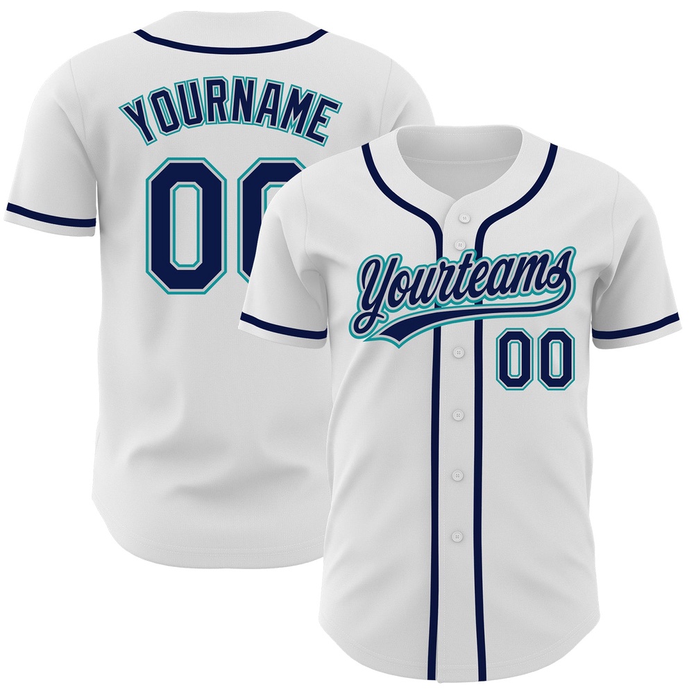 White Navy Gray-Teal Authentic Baseball Jersey, Custom Baseball Jersey, Personalized Sport Jersey