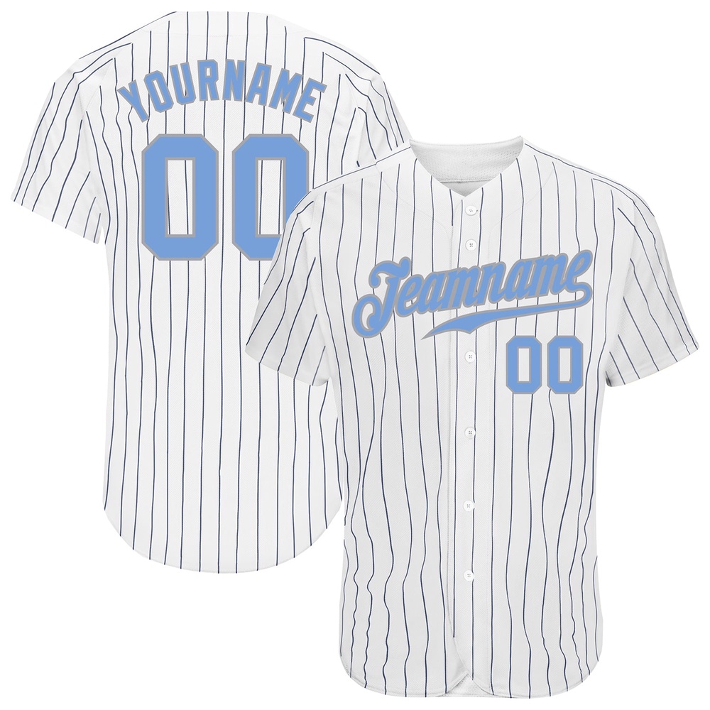 White Navy Pinstripe Light Blue-Gray Authentic Baseball Jersey, Custom Baseball Jersey, Personalized Sport Jersey