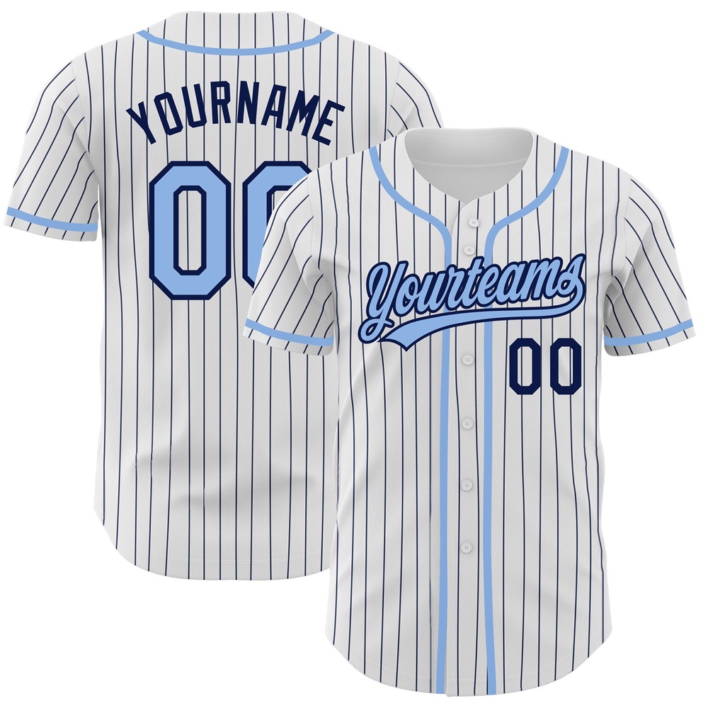 White Navy Pinstripe Light Blue Authentic Baseball Jersey, Custom Baseball Jersey, Personalized Sport Jersey