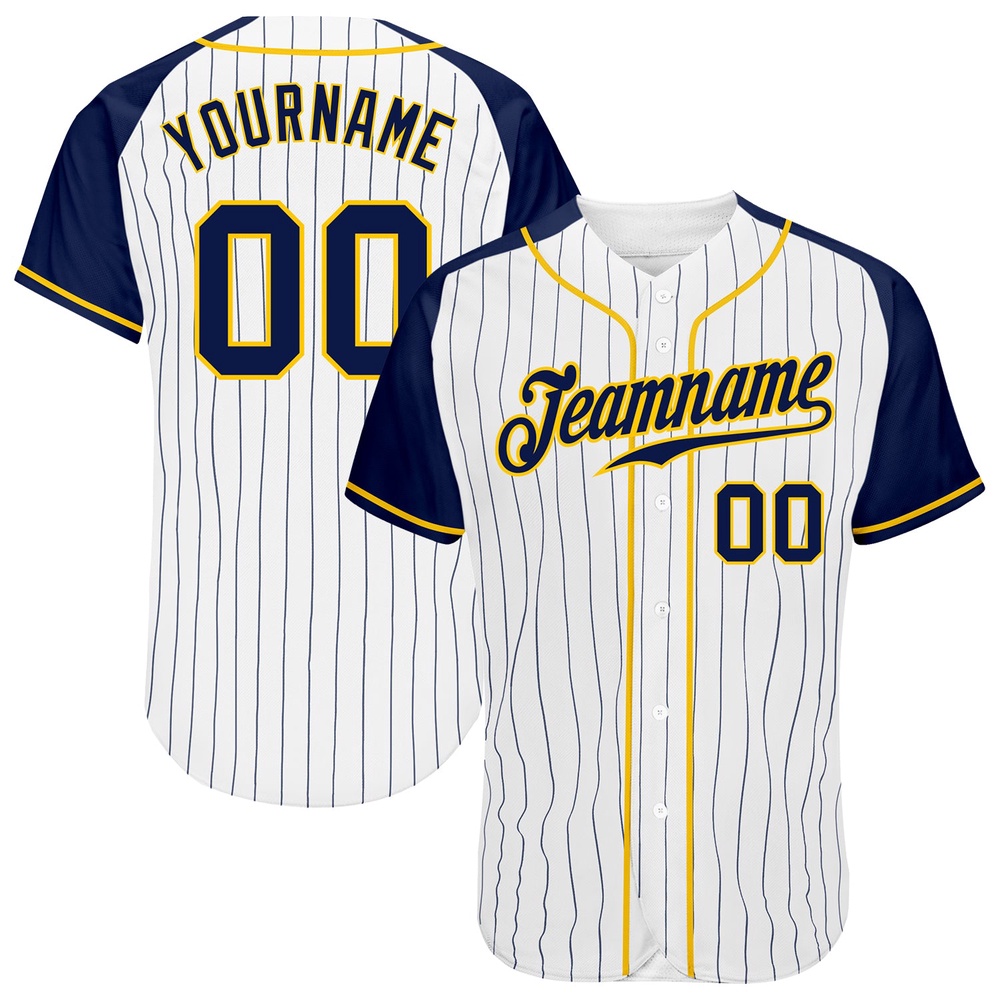 White Navy Pinstripe Navy-Gold Authentic Raglan Sleeves Baseball Jersey, Custom Baseball Jersey, Personalized Sport Jersey