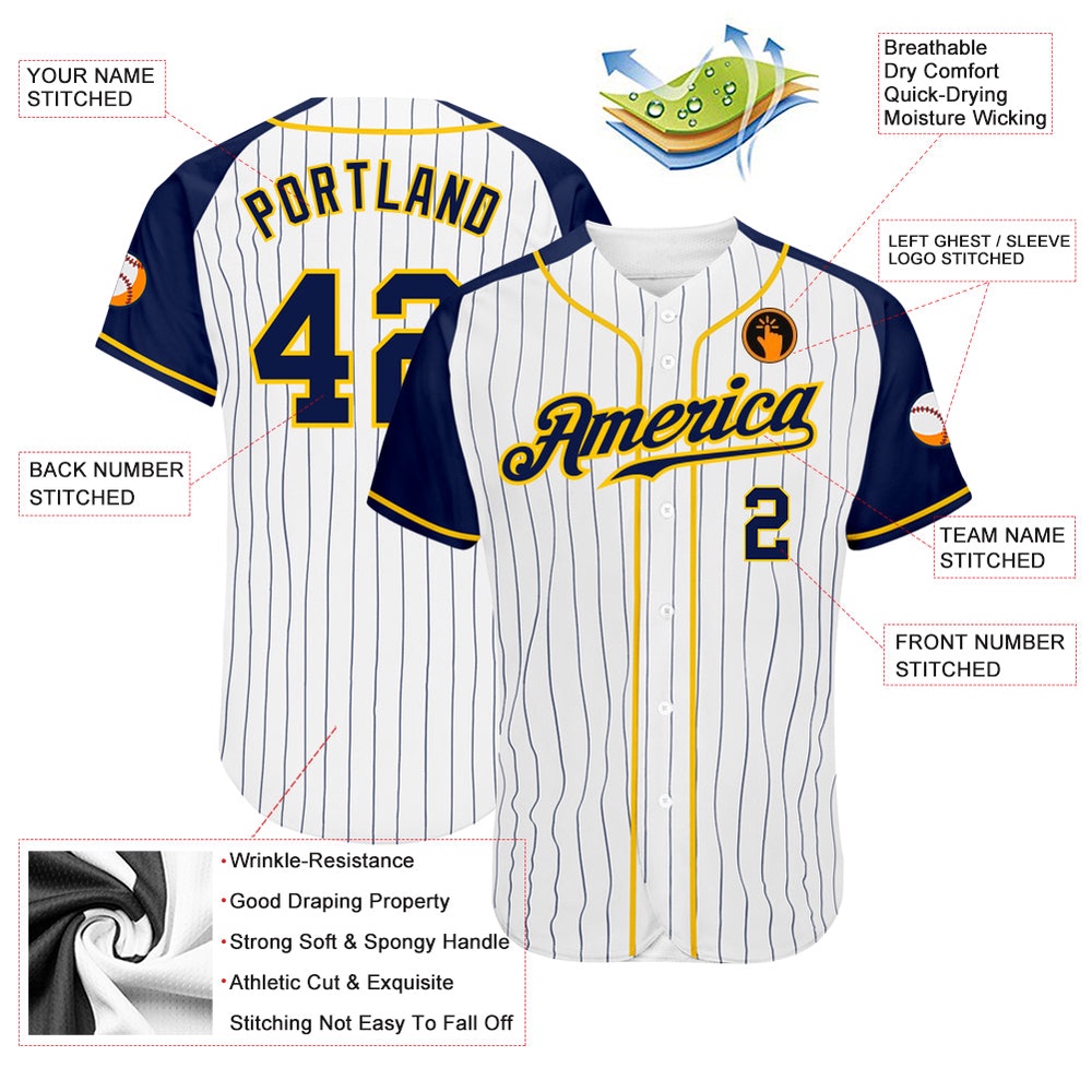 White Navy Pinstripe Navy-Gold Authentic Raglan Sleeves Baseball Jersey, Custom Baseball Jersey, Personalized Sport Jersey