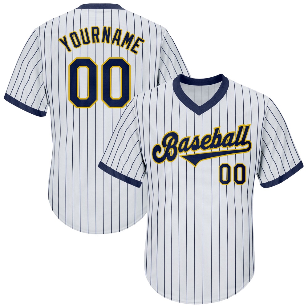 White Navy Pinstripe Navy-Gold Authentic Throwback Rib-Knit Baseball Jersey Shirt, Custom Baseball Jersey, Personalized Sport Jersey