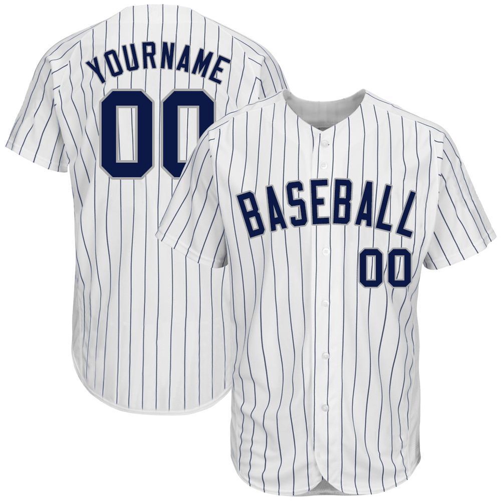 White Navy Pinstripe Navy-Gray Authentic Baseball Jersey, Custom Baseball Jersey, Personalized Sport Jersey