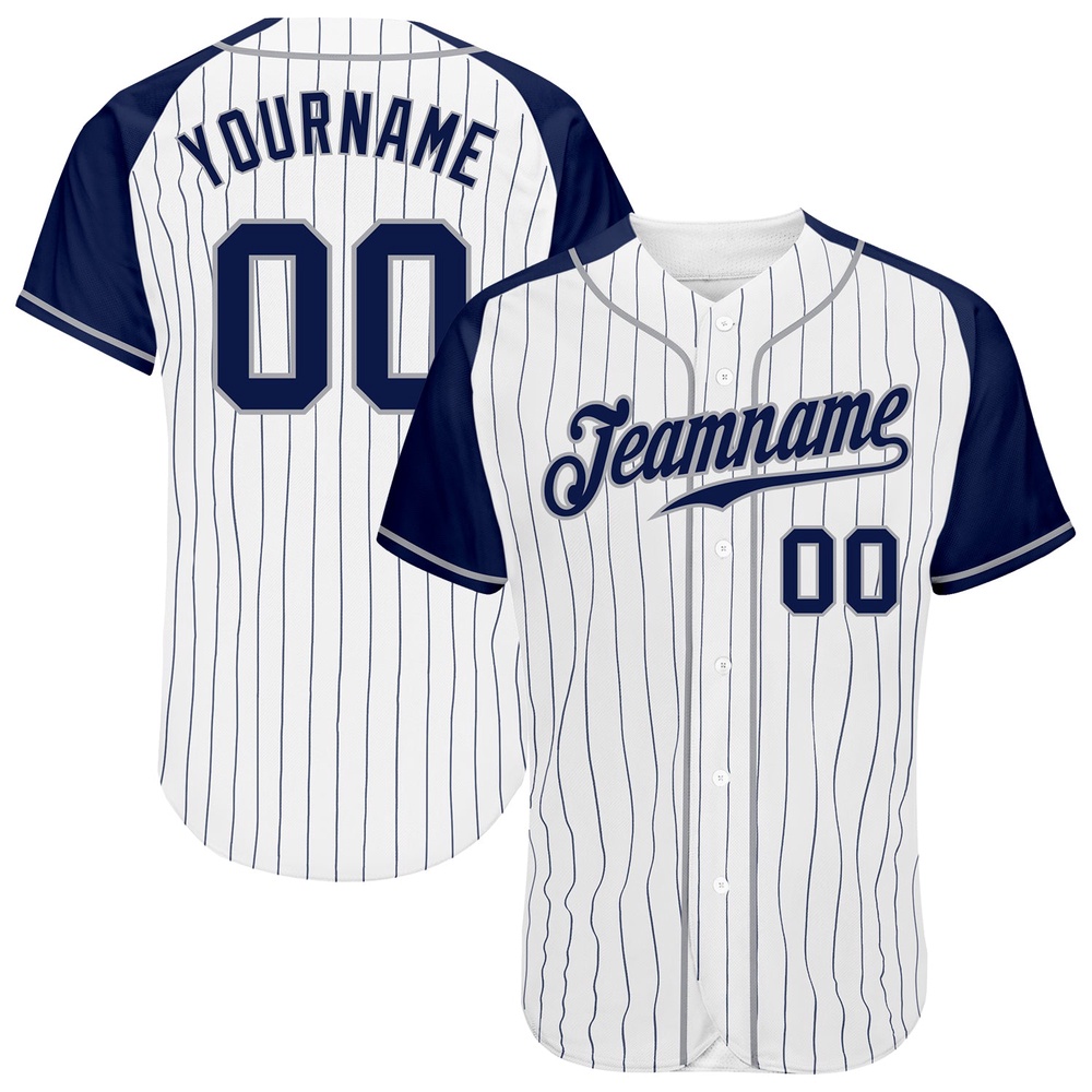 White Navy Pinstripe Navy-Gray Authentic Raglan Sleeves Baseball Jersey, Custom Baseball Jersey, Personalized Sport Jersey