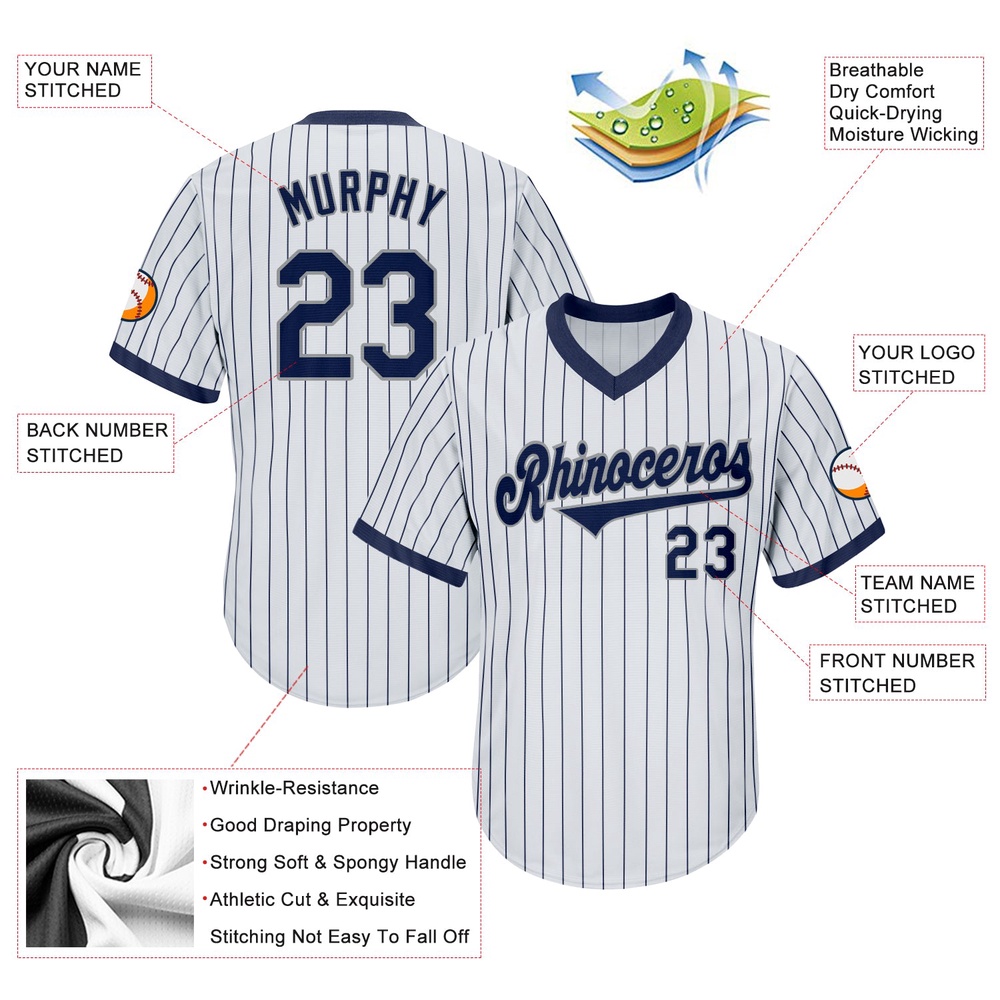 White Navy Pinstripe Navy-Gray Authentic Throwback Rib-Knit Baseball Jersey Shirt, Custom Baseball Jersey, Personalized Sport Jersey